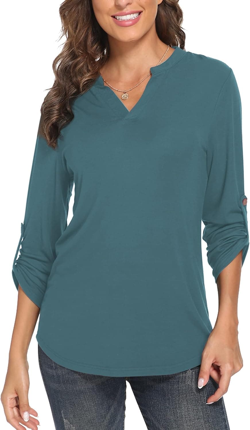 Women's 3/4 Roll Sleeve V Neck Tops Casual Tunic Shirts Loose Blouse Ladies Tops