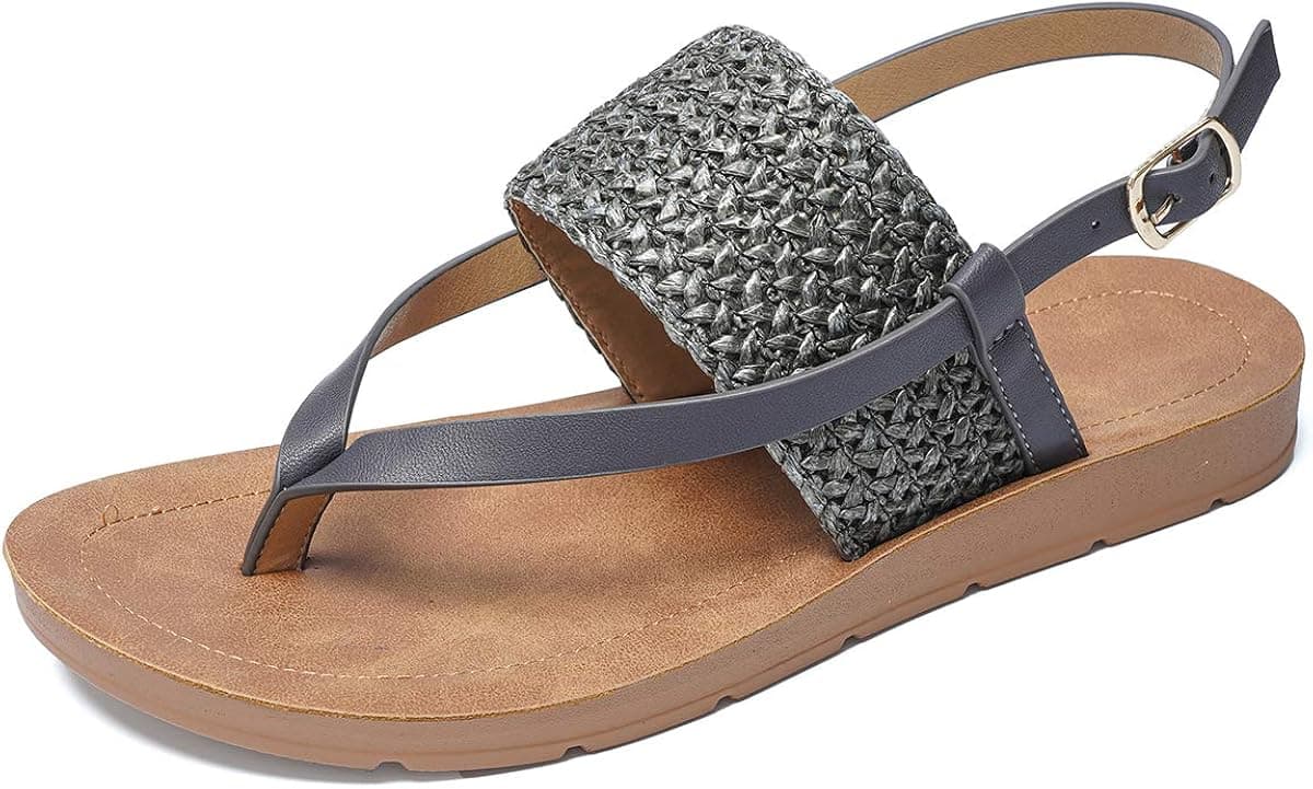 CAMFOSY Flat Sandals for Women, Womens Summer Sandals Open Toe Dress Shoes Wide Width Casual Strappy Tan Sandals Bohemian Gladiator Shoes Slip on Beach Sandals Ankle Strap Summer Flats