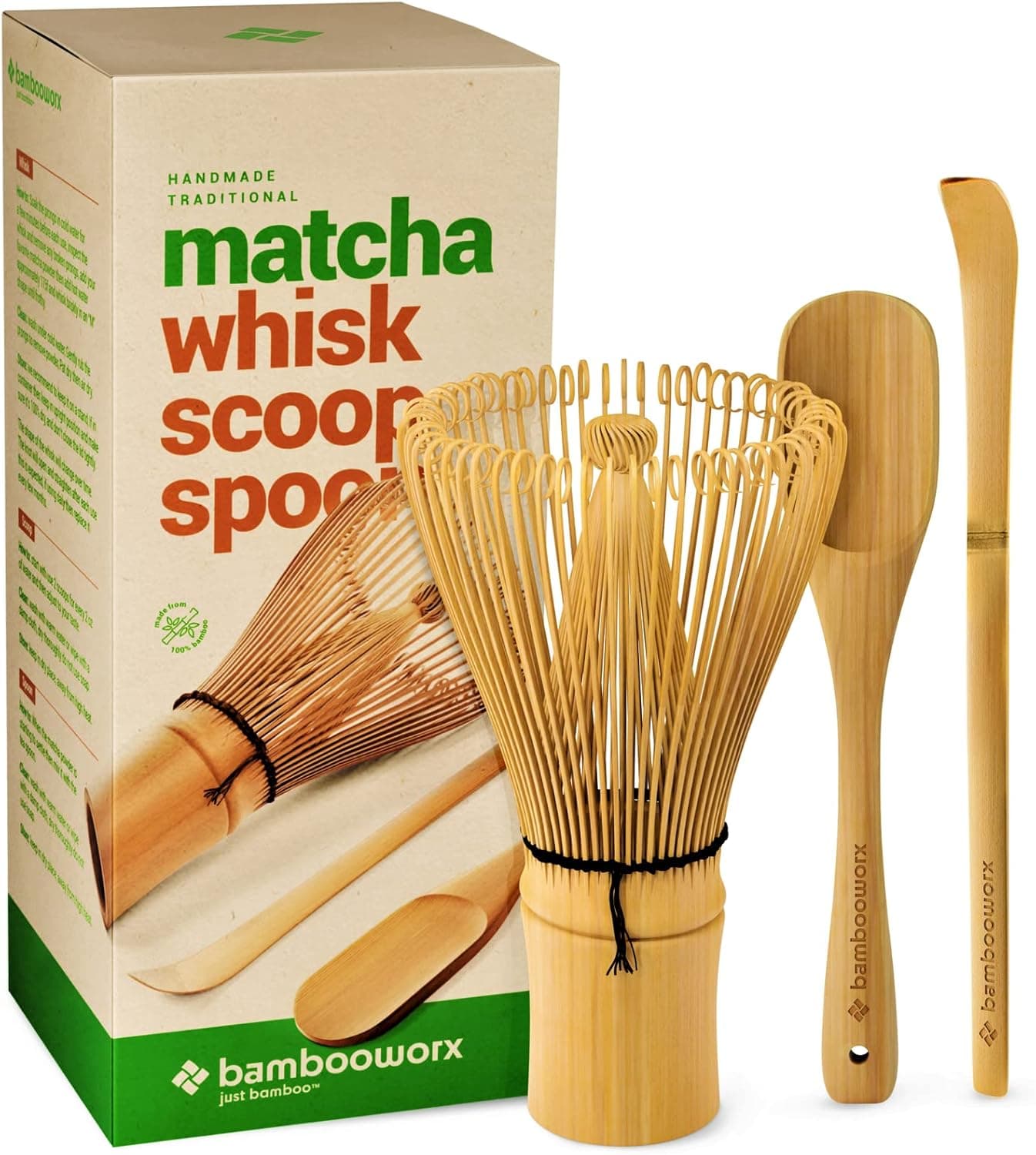 BambooWorx Matcha Whisk Set - Matcha Whisk (Chasen), Traditional Scoop (Chashaku), Tea Spoon. The Perfect Set to Prepare a Traditional Cup of Japanese Matcha Tea, Handmade from 100% Natural Bamboo