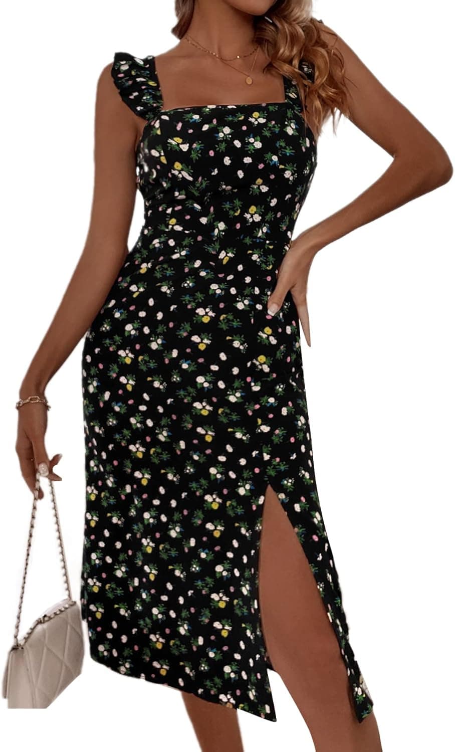 SOLY HUX Women's Floral Midi Dress Boho Split Ruffle Sleeveless A Line Swing Summer Dresses Black M