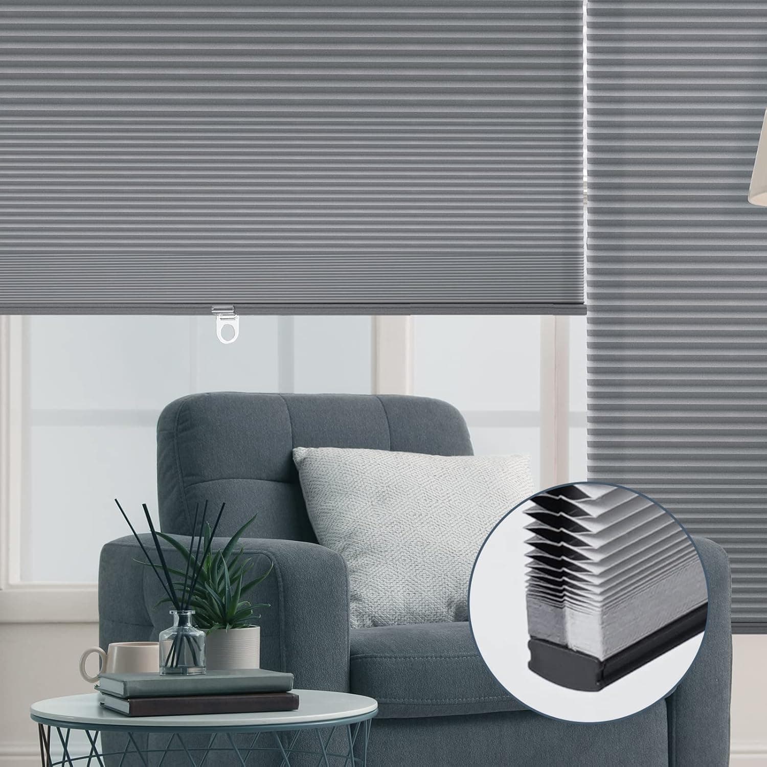 Bliwans Cellular Shades, Blackout Blinds, Cordless Honeycomb Blinds for Windows, Room Darkening, Pleated Window Shades for Bedroom, Home, Bathroom, Office, Kitchen, 46" W X 48" H, Grey