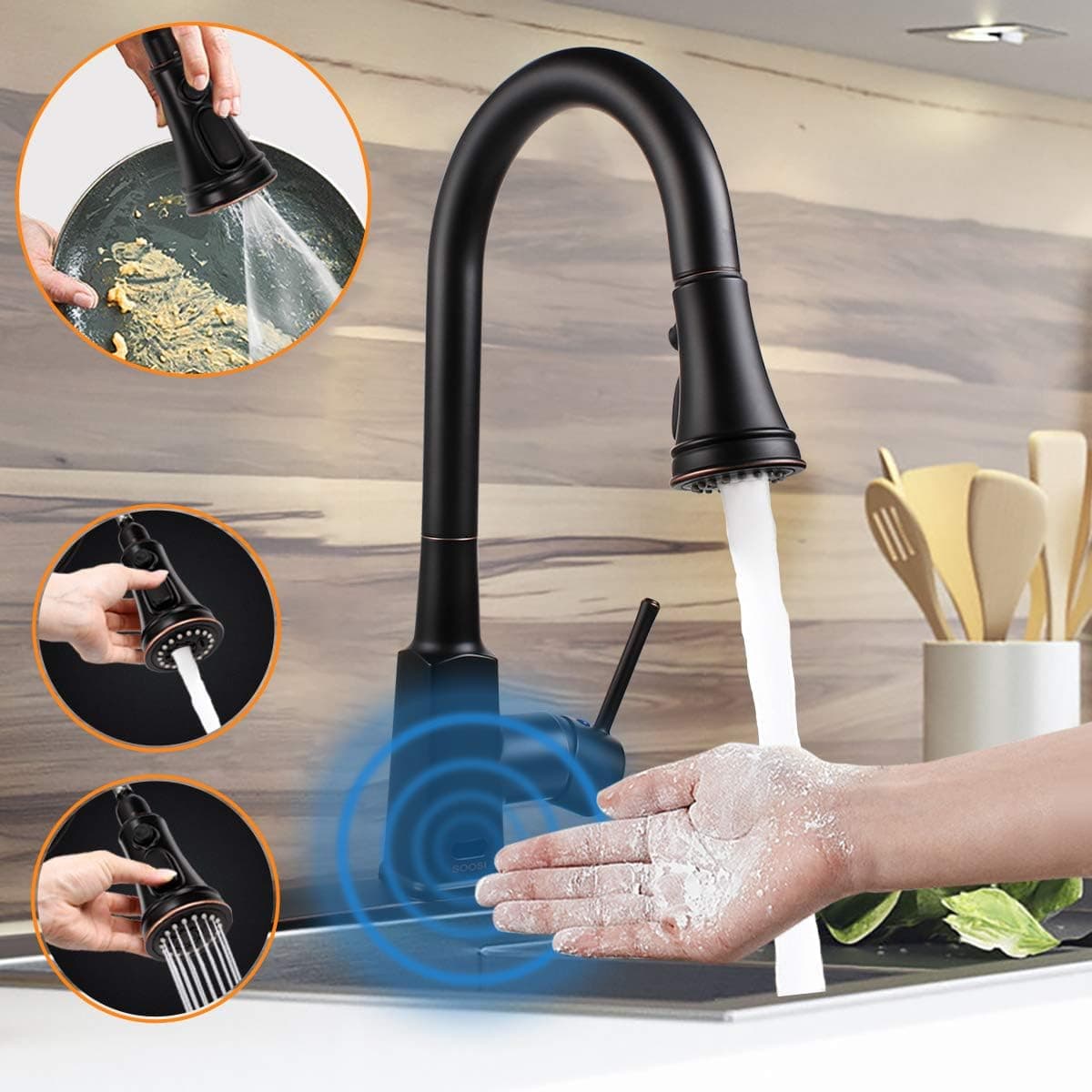 Touchless Kitchen Faucet,Soosi Motion Sensor Single Handle Automatic Kitchen Faucets One/3 Hole 3 Setting Sprayer Oil Rubbed Bronze Kitchen Faucets with Pull Down Sprayer Spot Free Stainless Steel