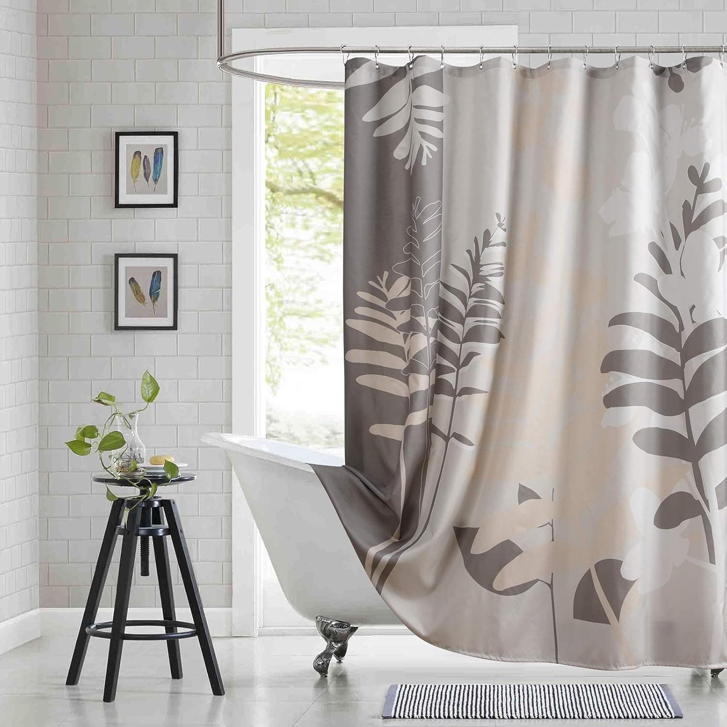 BESTRIPES Long Grey Shower Curtain, Gray Taupe Tropical Plant Leaf Bathroom Shower Curtains, Botanical Leaves Waterproof Fabric Shower Curtains for Bathroom, 72" W x 78" H