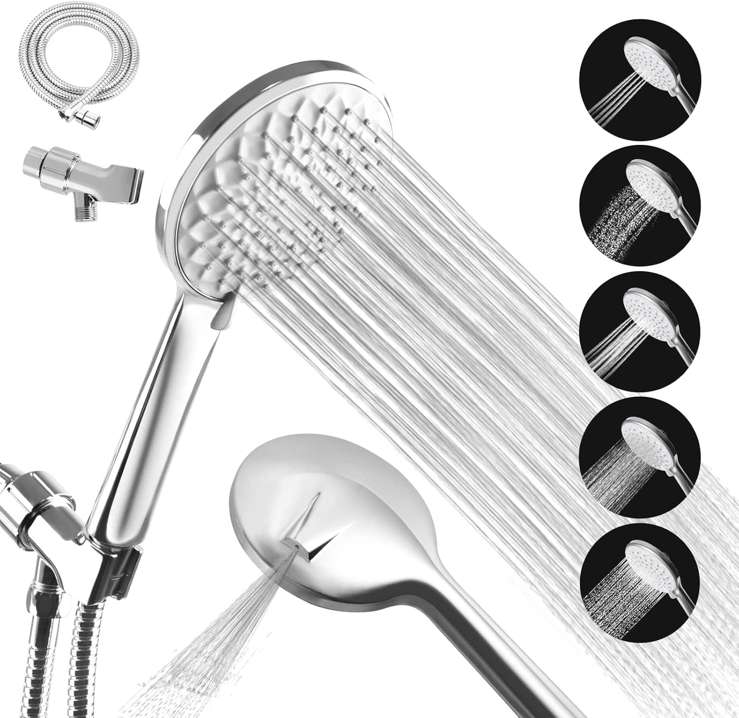 Shower Head High Pressure with Handheld, 6 Setting HandHeld Head, Detachable 59 inch Stainless Steel Hose and Holder, heads Built-in Power Wash to Clean Tub, Tile & Pets Silver