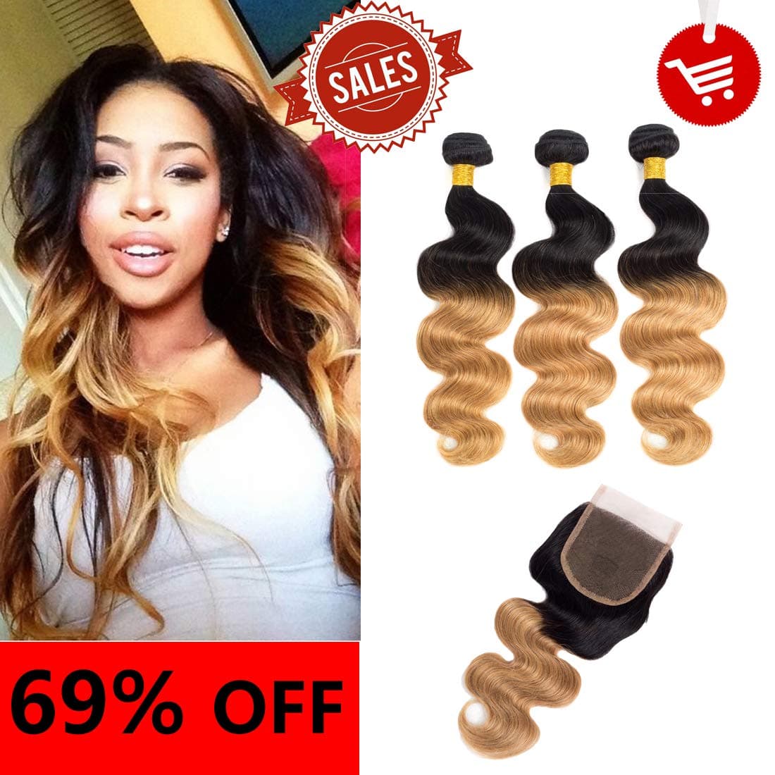 Shengmeiyuan Beauty Show 8-30 Inches Grade 9A Unprocessed Brazilian T1B/27 Ombre body wave Virgin Hair 3 Bundles With Closure Rosa Hair Products Silver Human Hair Extensions (12 14 16 with 12inch)