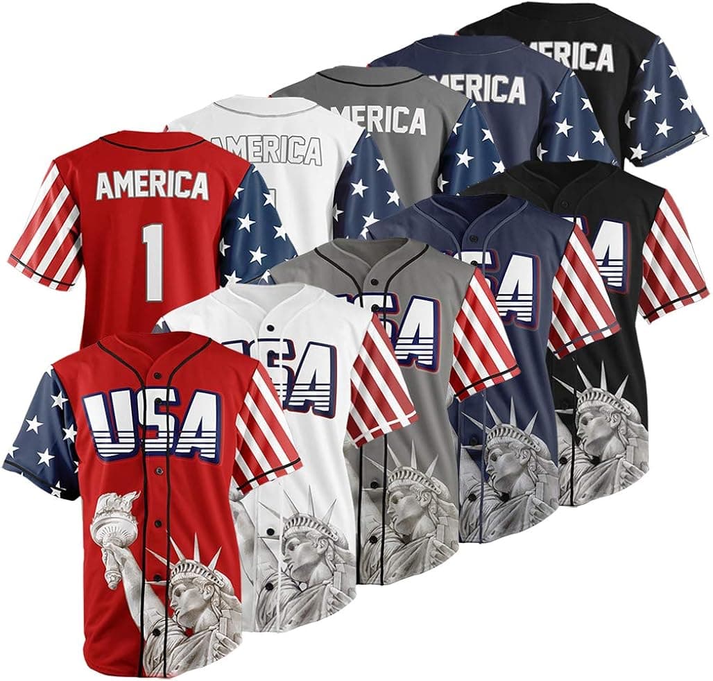 USA Custom Baseball Jersey Shirt - Button Down Multi Colors Jerseys Top America #1 for Men with Free Bandana