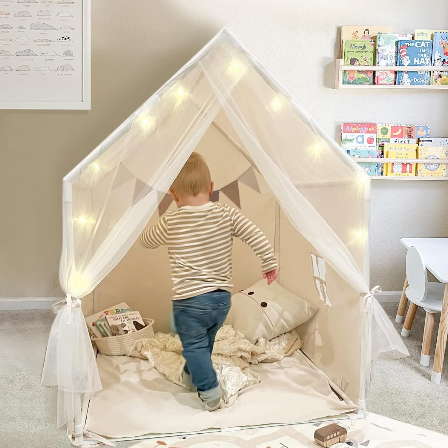 Kids Play Tent, Toddler Tent for Girls Boys, Play Cottage with Star Light & Bottom Pad, Indoor Outdoor Castle, Ideal for Small Apartment