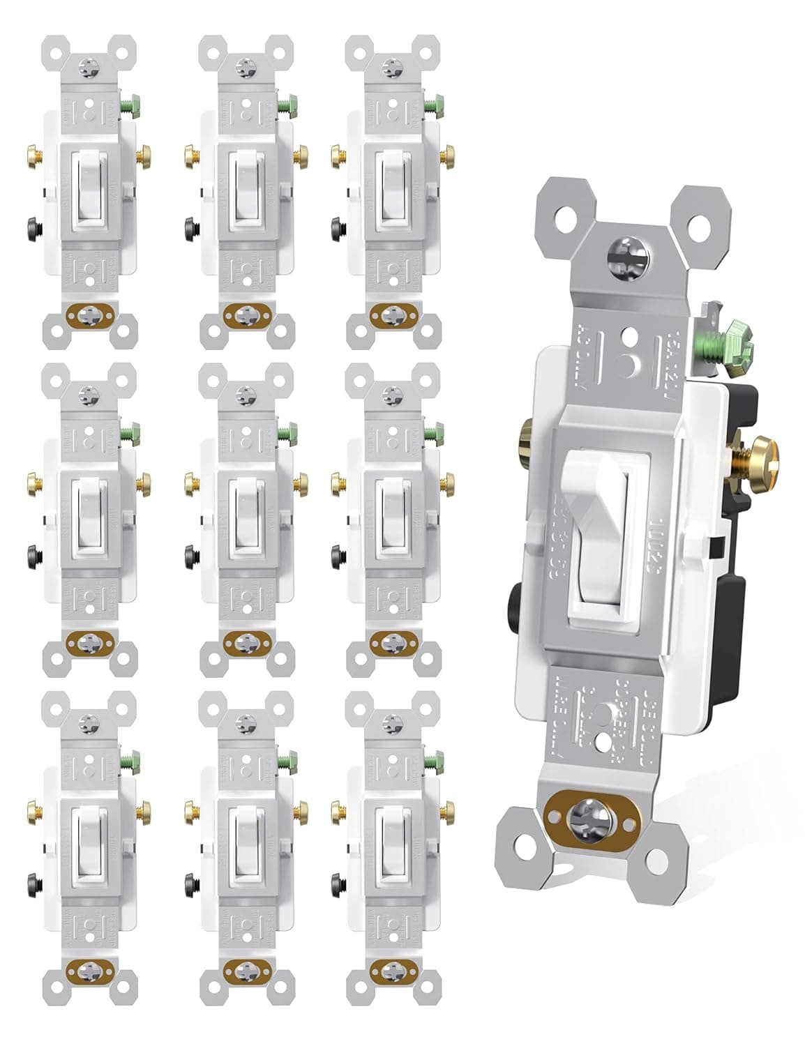 AIDA 15 Amp 3 Way Quiet Indoor Toggle Switch Self-Grounding ON Off Toggle, Residential Grade, UL Listed, Quickwire Push-in & Side Wired (White, 10 Pack)