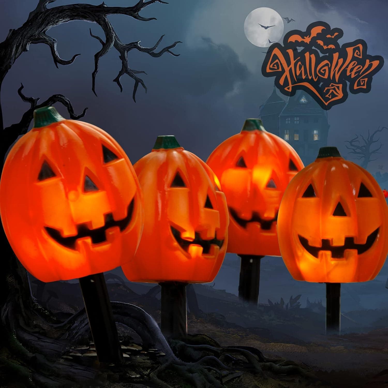PEIDUO 4PK Halloween Yard Stakes with 20LT Warm White Lights, Pumpkin Pathway Lights for Outdoor Driveway Walkway Garden Lawn Decor, Sidewalk Decorations