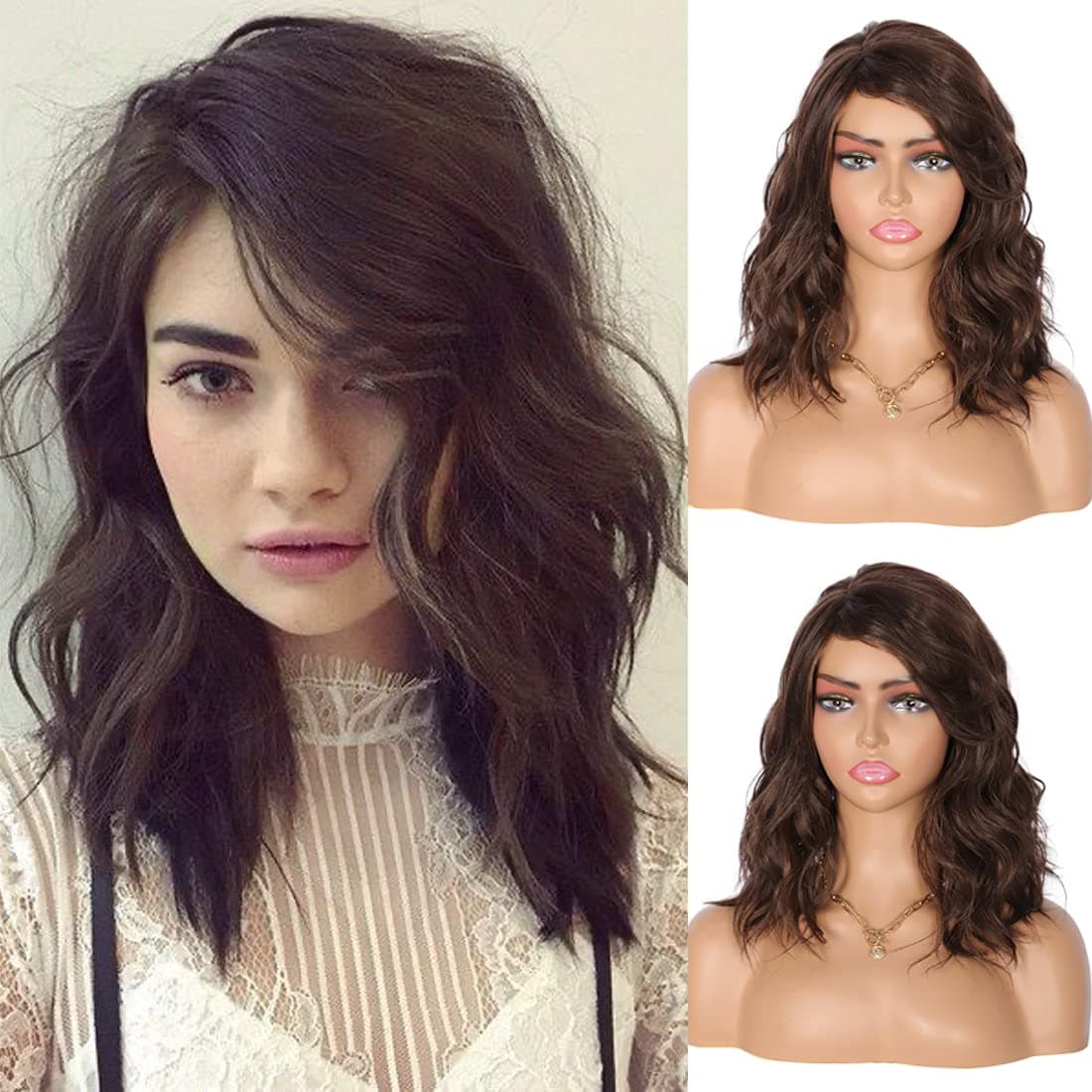 Kalyss 12" Brown Highlights Synthetic Hair Wigs with Hair Bangs Short Wavy Curly Wigs for Black Women Side Parting Realistic Lightweight Premium Yaki Synthetic Hair Wigs,Comes with Clips and Wig Caps