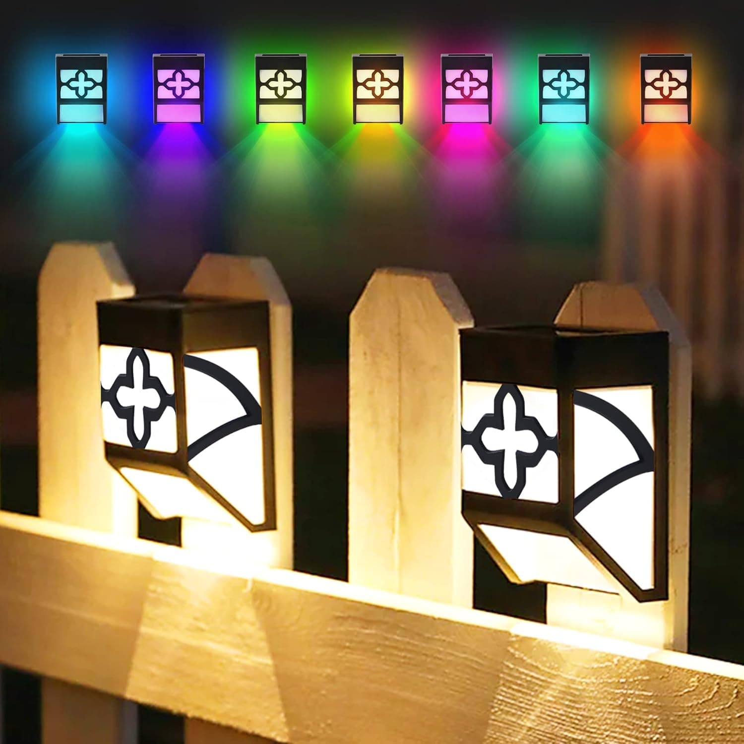 TooCust Solar Deck Post Lights 8 Pack Solar Outdoor Lights for Fence Wall Mount, Small Deck Railing Lights, Solar Color Changing Fence Lights, Warm White&Changing Color Modes, Cross Pattern
