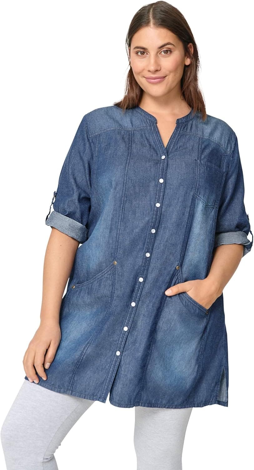 ellos Women's Plus Size Snap Front Denim Tunic