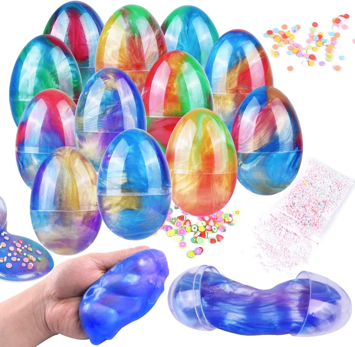 FUNNISM 12 Pack Fluffy Galaxy Slime Easter Eggs with Accessories, Stress Relief Sludge Toys for Kids Boys Girls, Easter Basket Stuffer Gifts, Easter Family Games, Prefilled Easter Party Favor Supplies