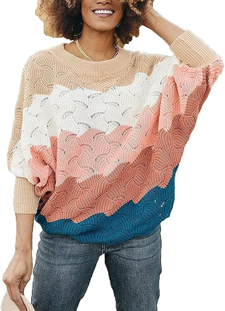 Opocos Womens Casual Sweater Color Block Crew Neck Pullover Oversized Cable Knit Chunky Striped Tops