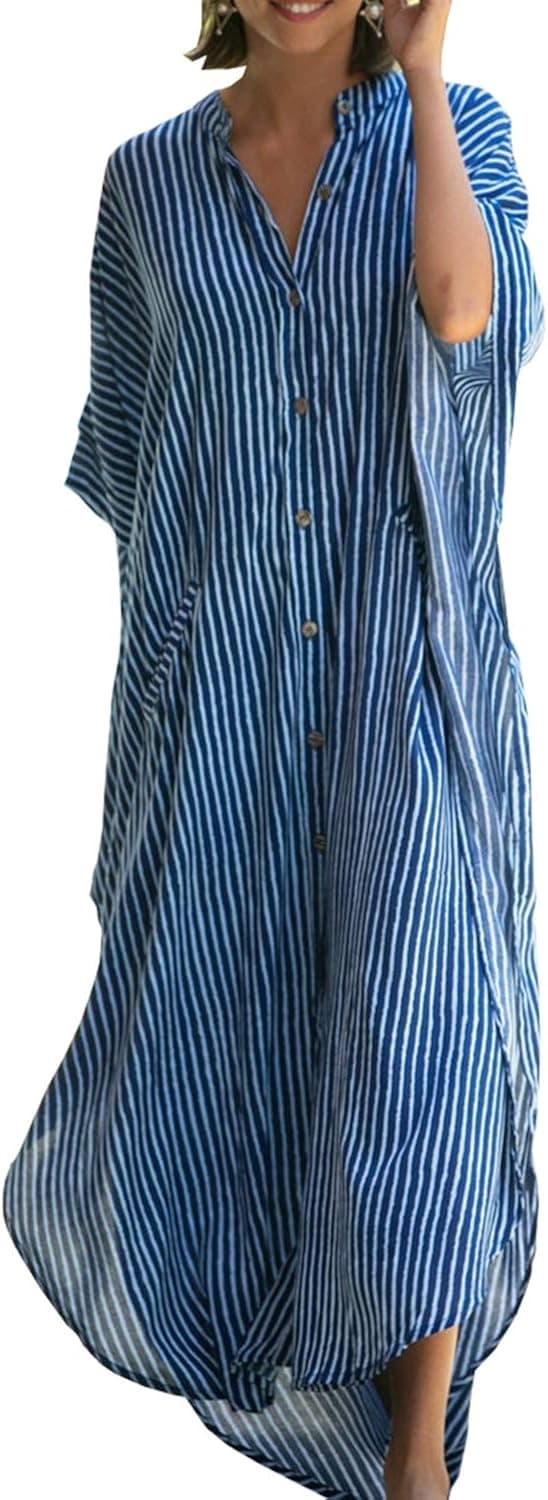 Chunoy Women Casual Loose Lightweight V Neck Button Down Kimono Cover Up Kaftan Dress
