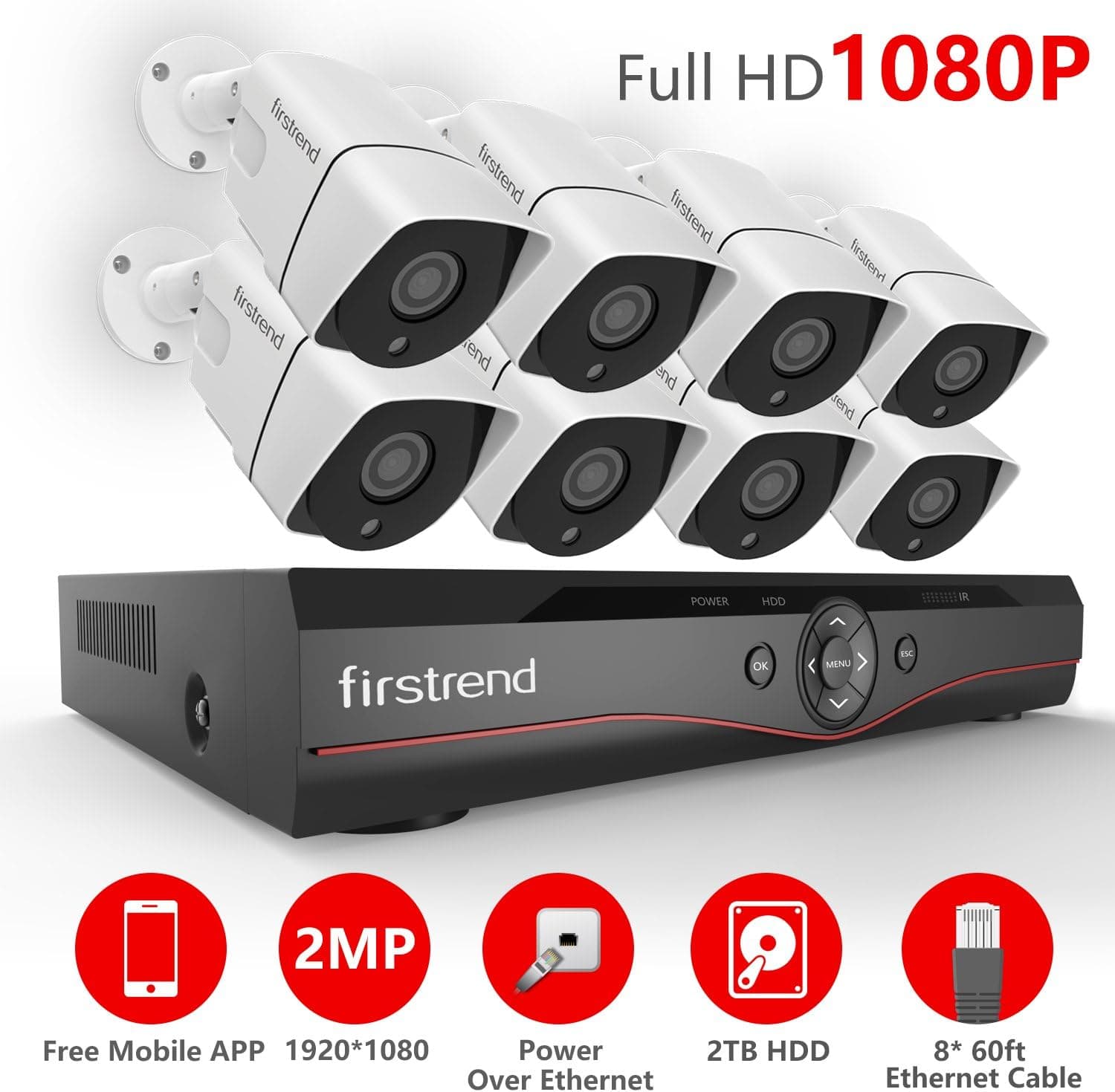 [Newest] Firstrend 8CH POE NVR Security Camera System with 8X 1080P HD Security Camera, Plug and Play Security System with Pre-Installed 2TB Hard Drive, Free APP and Night Vision