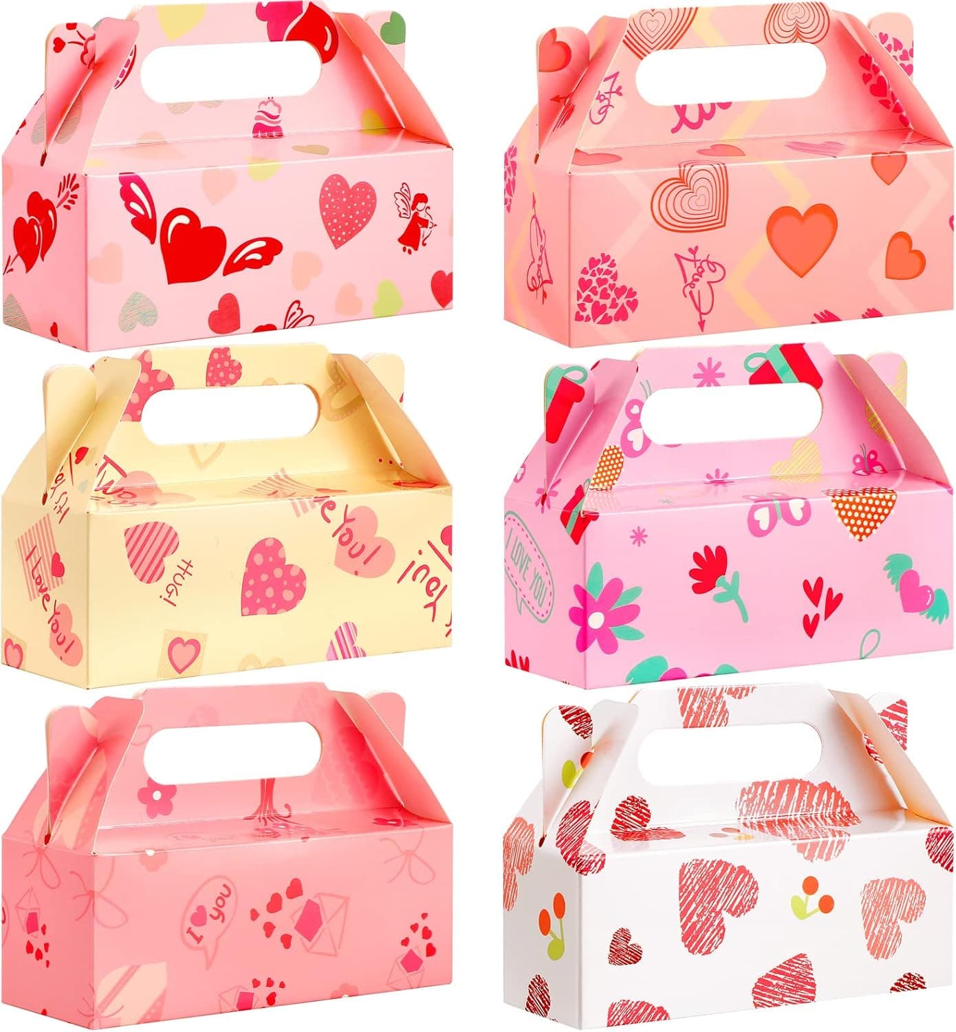18 Pieces Valentine's Treat Boxes Valentines Candy Cookie Bags Hearts Prints Boxes Goodie Bags Party Favor Boxes Container for Kids Girls School Classroom Supplies 6 Patterns Party Decorations