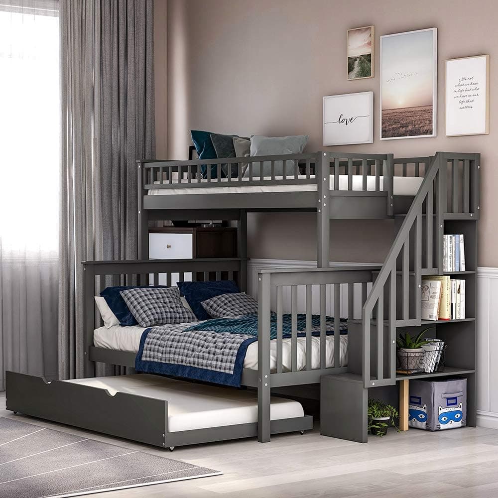 Rockjame Twin Over Full Bunk Beds with Trundle, Wood Space Saving Design Stairway Bunk Bed Frame with Storage, Convertible to 2 Separated Beds, Great for Kids and Teenagers (Gray)