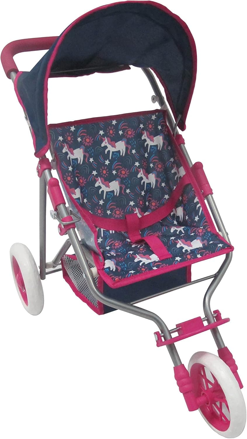 KOOKAMUNGA KIDS Baby Doll Stroller - Foldable Baby Stroller for Dolls - Play Stroller & Jogger w/Retractable Canopy Doll Footrest and Soft Grip Handle - Ideal for Baby Dolls up to 18" - Navy Unicorn