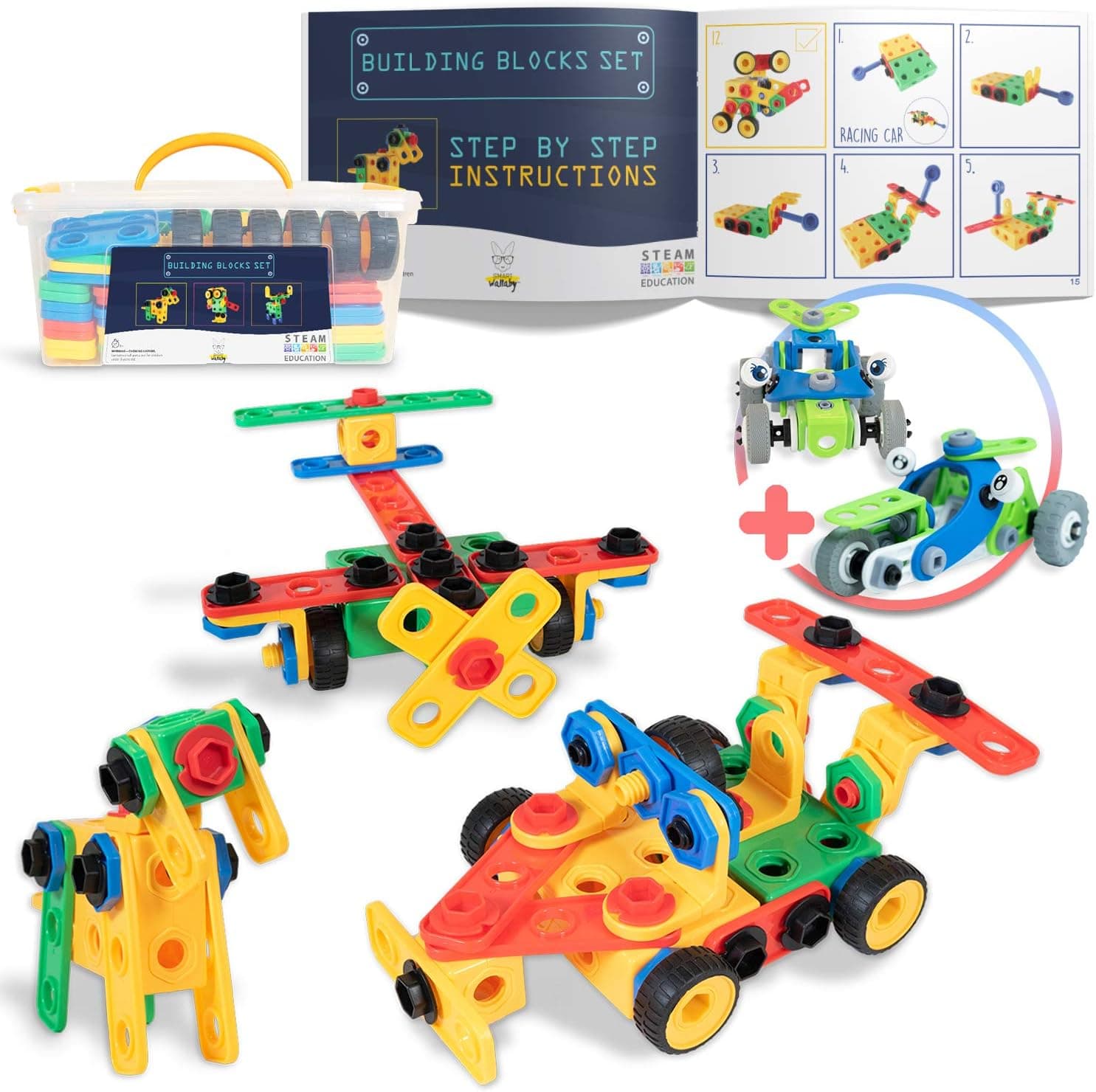 101 pc. STEM Toy Building Set - Bolts & Nuts Construction Building Blocks + HEX / Wrench Tool for Educational & Creative Growth + Extra 52 pc. 2-in-1 Flexible Vehicle Set. for Boys & Girls Ages 3-7