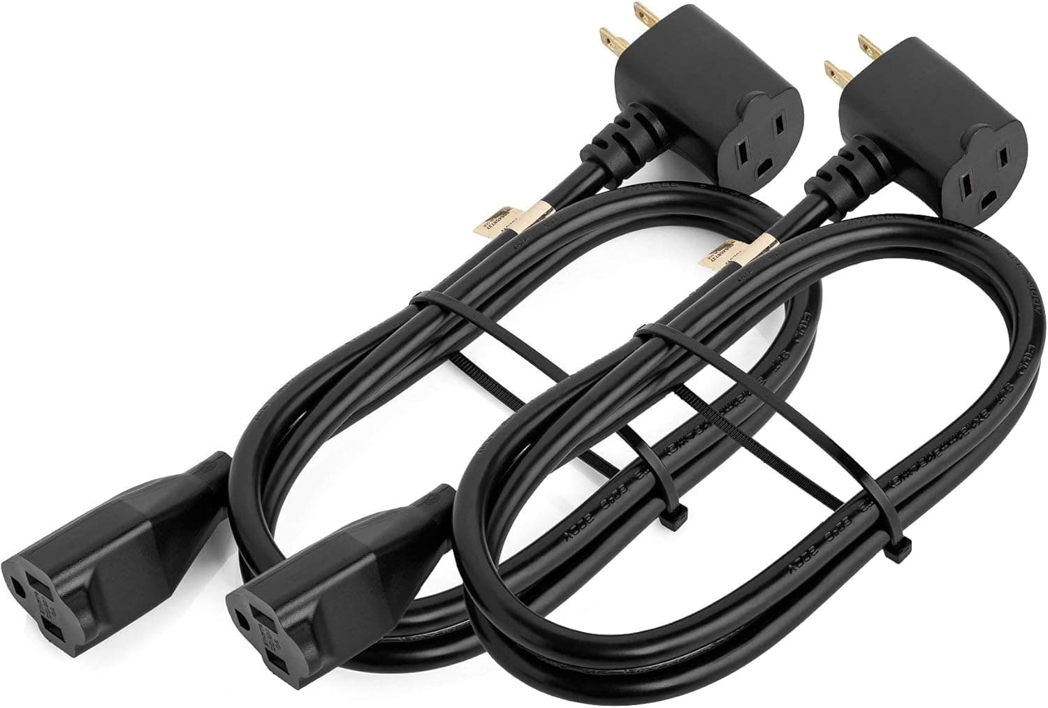 Maximm Cable 3 Feet Angled Indoor Extension Cord/Wire, 2 Outlet Piggyback Extension Cord - Black - UL Listed