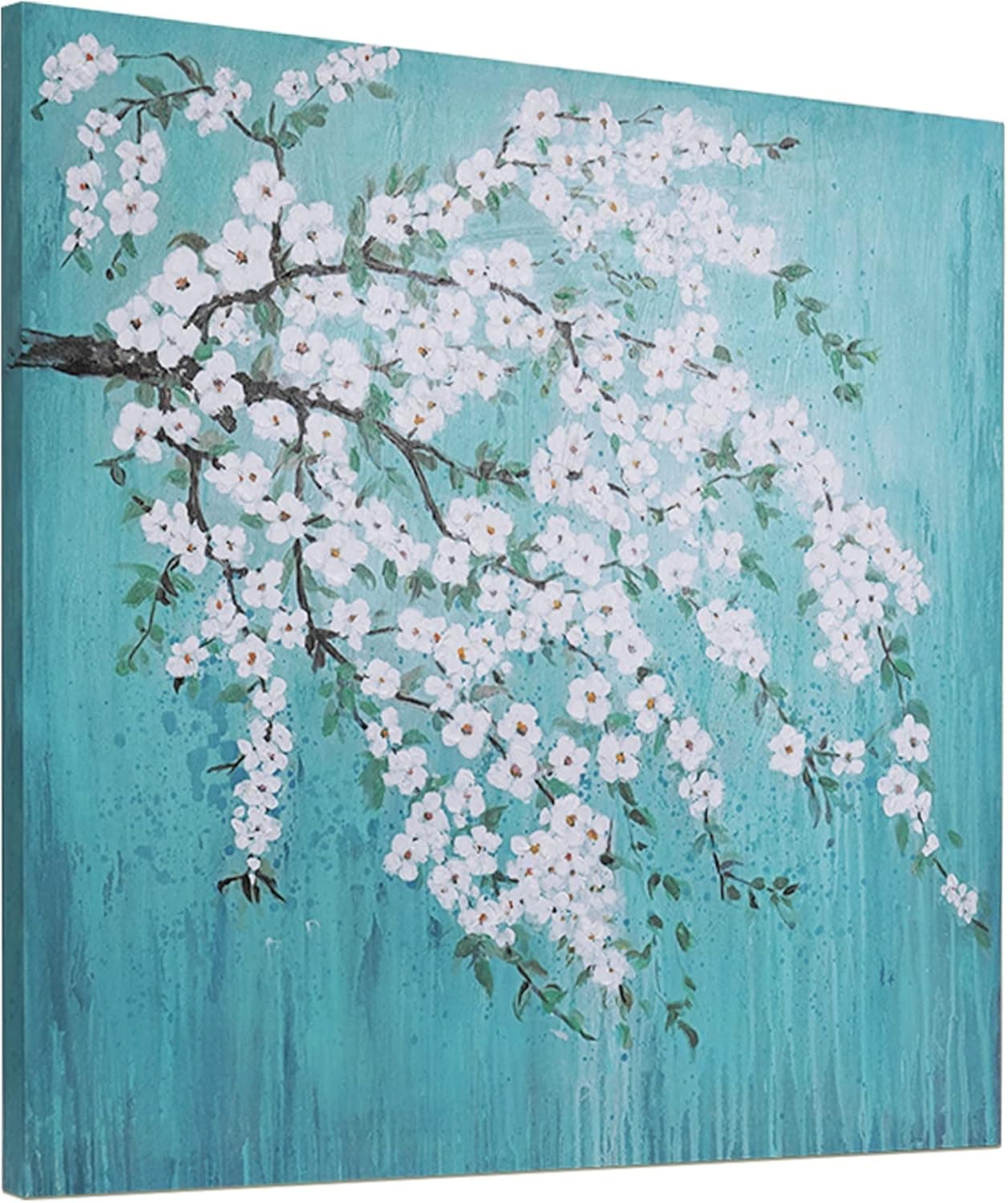 ArtbyHannah 32x32 Inch Flower Oil Paintings Wall Art - Beautifully Unique Handmade Textured Artwork on Canvas, Blue White