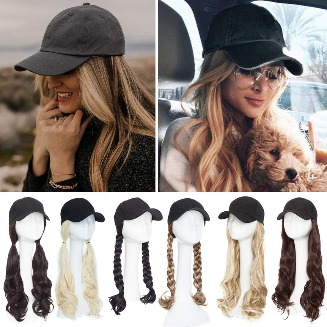 SEGO Baseball Cap with Hair Attached Hat Wigs with Hair Attached for Women Synthetic Long Wavy Wig with Black Hat Hair Extension Stylable for Pigtail Ponytail 16 Inch 290g Light Brown&Ash Blonde