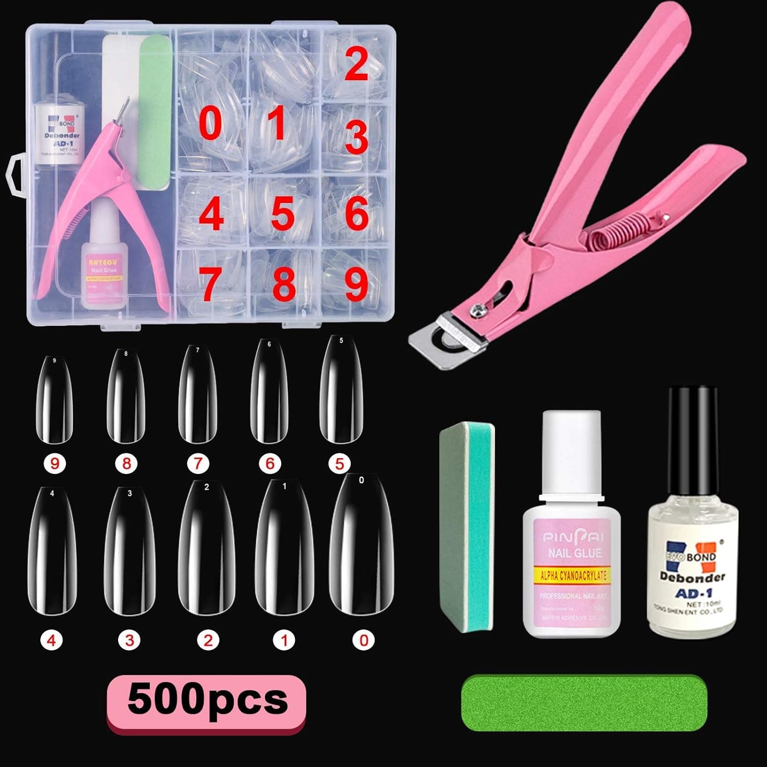 Fake Nail Tip Kit, 500pcs Acrylic Clear Coffin Full Cover False Nails with Storage Case,Nail Glues,Professional Nail Clipper,Nail File,Sponge Polishing,Nail Glue Remover
