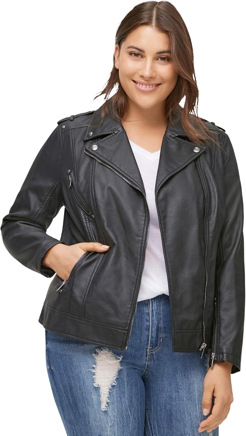 ellos Women's Plus Size Faux Leather Moto Jacket