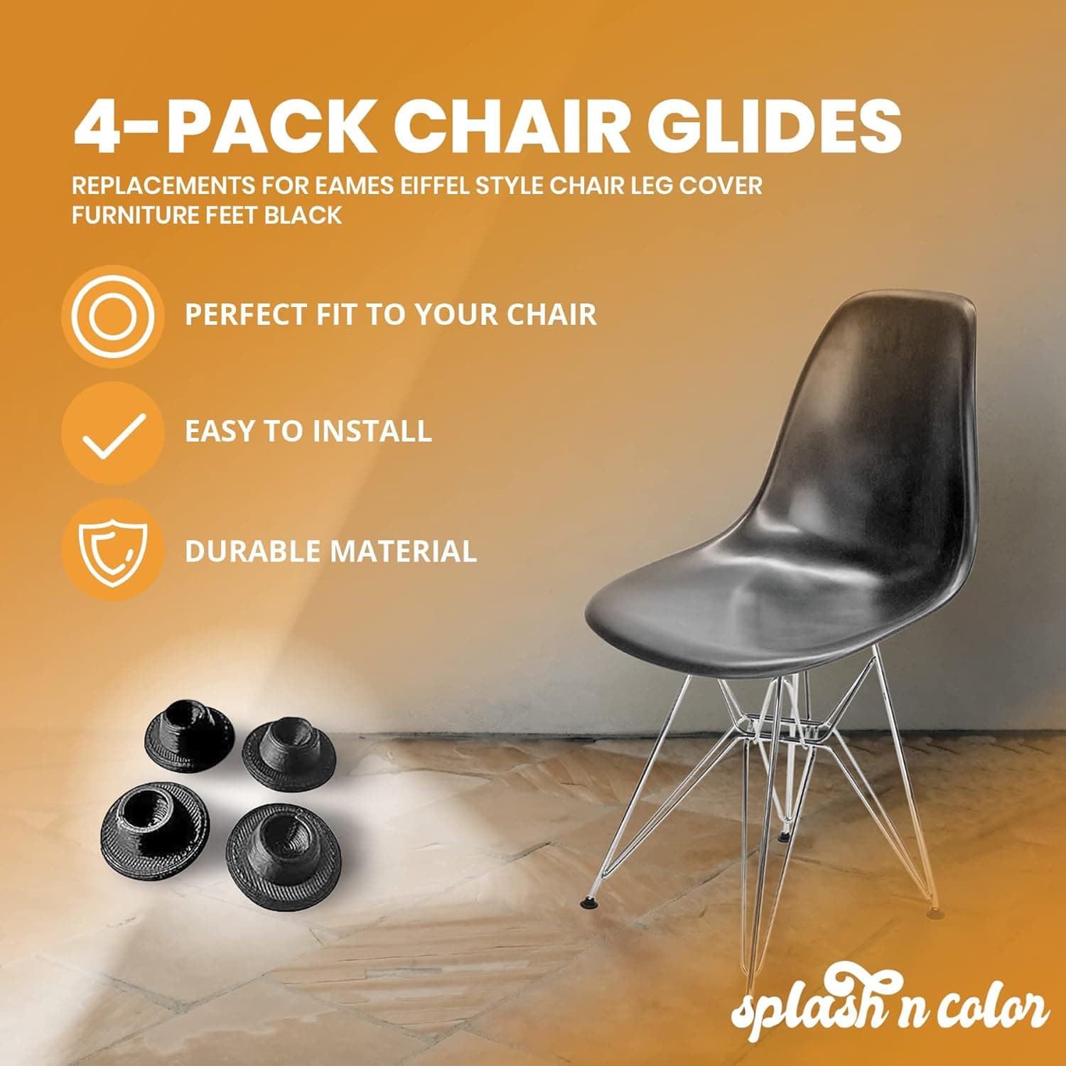 SplashNColor 16-Pack Chair Glides | Replacements for Eames Eiffel Style Chair Leg Cover Furniture Feet Black | Easy to Install | Made with Durable Material