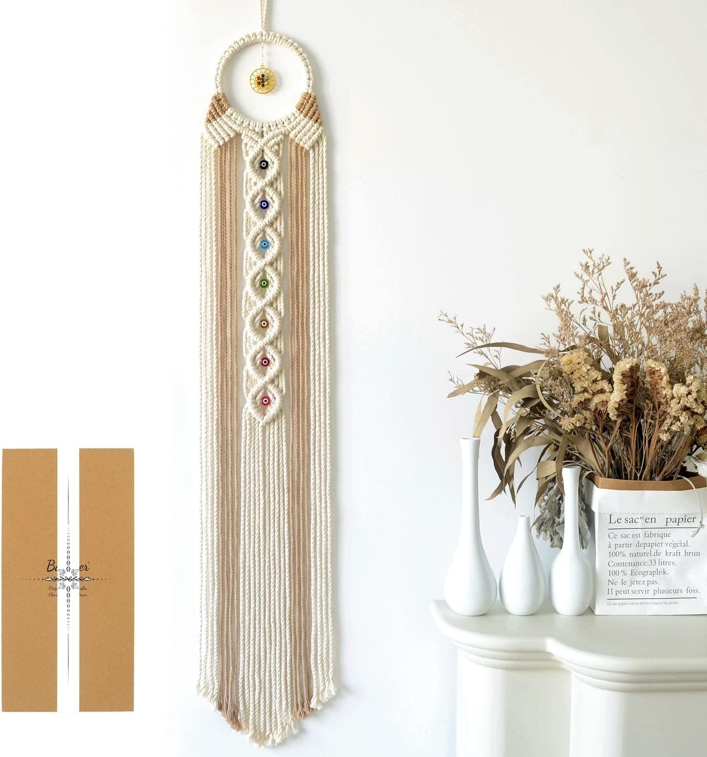 Baobuer Macrame Dream Catchers Wall Hanging Long, Evil Eye Dream Catcher for Bedroom Adult Bohemian Woven Yoga Room Dorm Apartment Decoration with 7 Chakras Stones Pendant 37'' Length