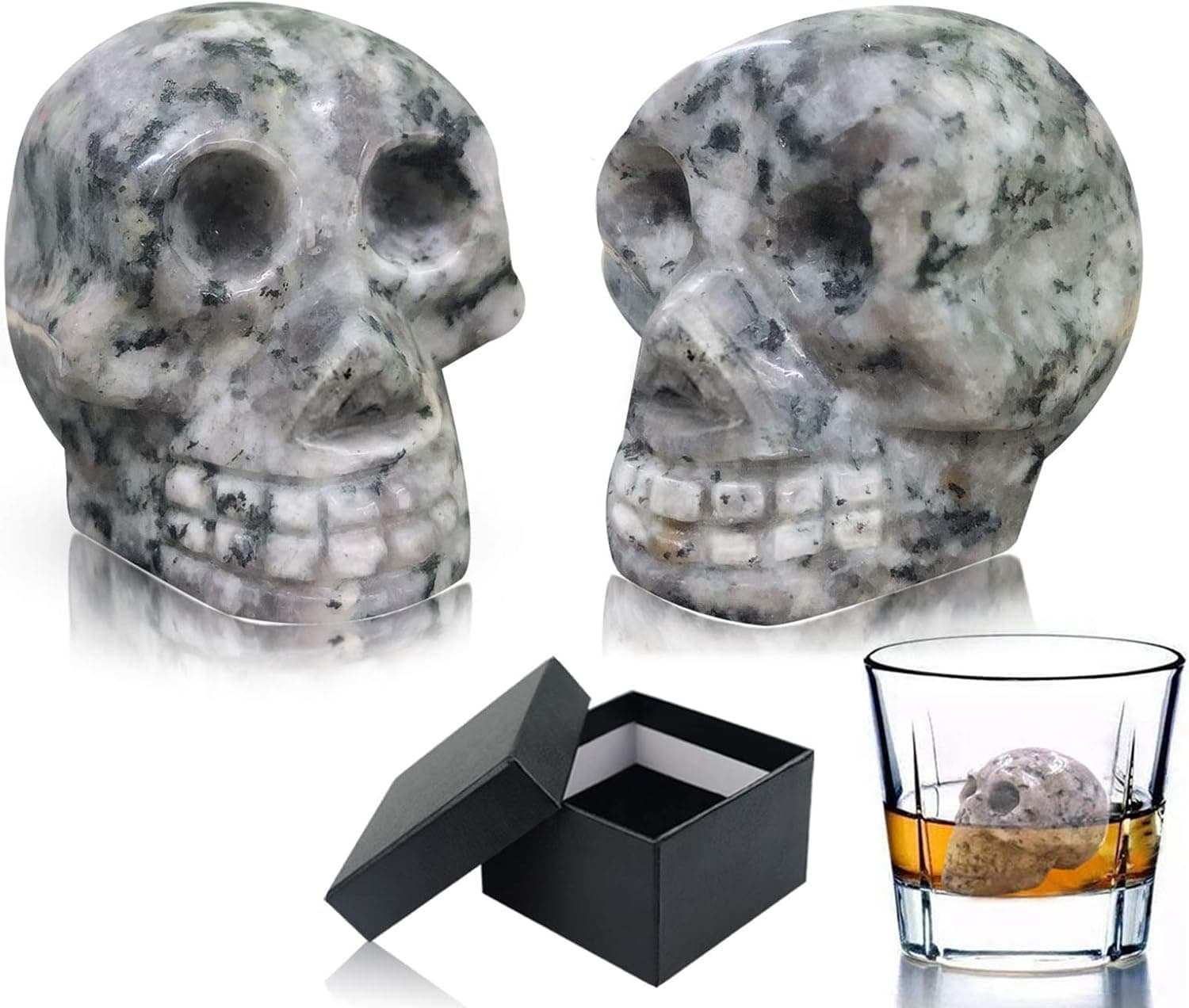 Vodolo (2 Pack) Whiskey Stones - 100% Natural Pure Granite Skull Bone Chilling Rocks for Whiskey Scotch Vodka Beverage Wine Stones, Reusable Hand Carved Chill Stones with Gift Box