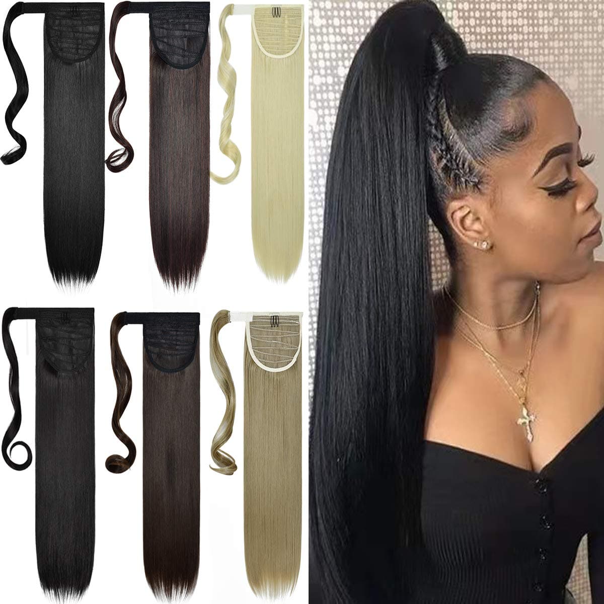 EMERLILY Clip in Ponytail Extension Wrap Around Pony Tail Long Straight 28 Inch Synthetic Ponytail Hair Extensions Hair Pieces for Women