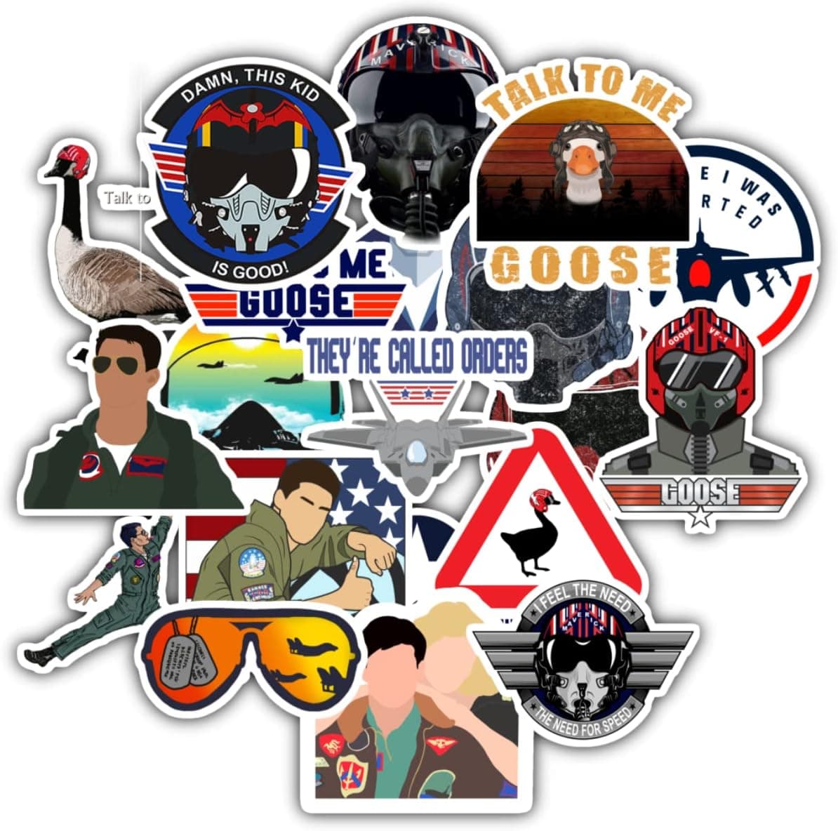 20 Pcs Stickers Packs Mavericks Colorful Top of Guns Vinyl Decal Talk Aesthetic to Me Goose Sticker Waterproof for Water Bottle Computer Luggage Phone Car Skateboard Bumper, White, 8.5'' x 11''