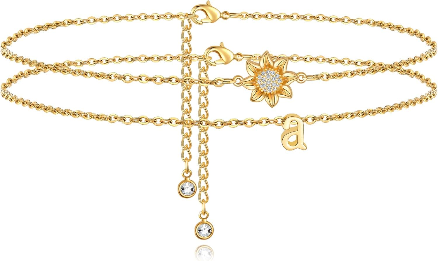 MONOZO Ankle Bracelets for Women Initial Anklet, 14k Gold Filled Layered Sunflower Ankle Bracelets Cute Boho Anklets with Initial Letter Ankle Bracelets for Teen Girls Jewelry Gifts