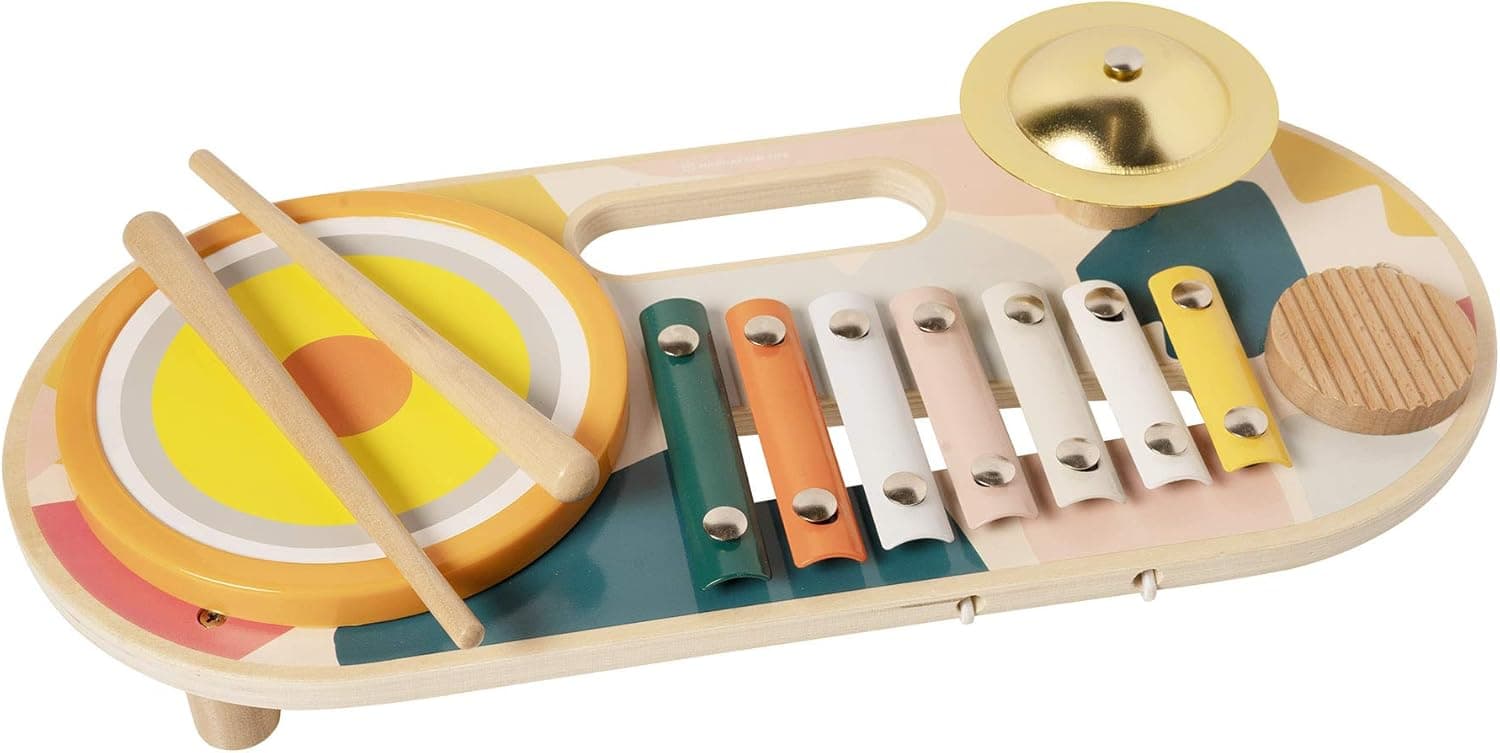 Manhattan Toy Beats to Go Wooden Toddler and Preschool Musical Toy Instrument Xylophone, Drum, Cymbal and Washboard