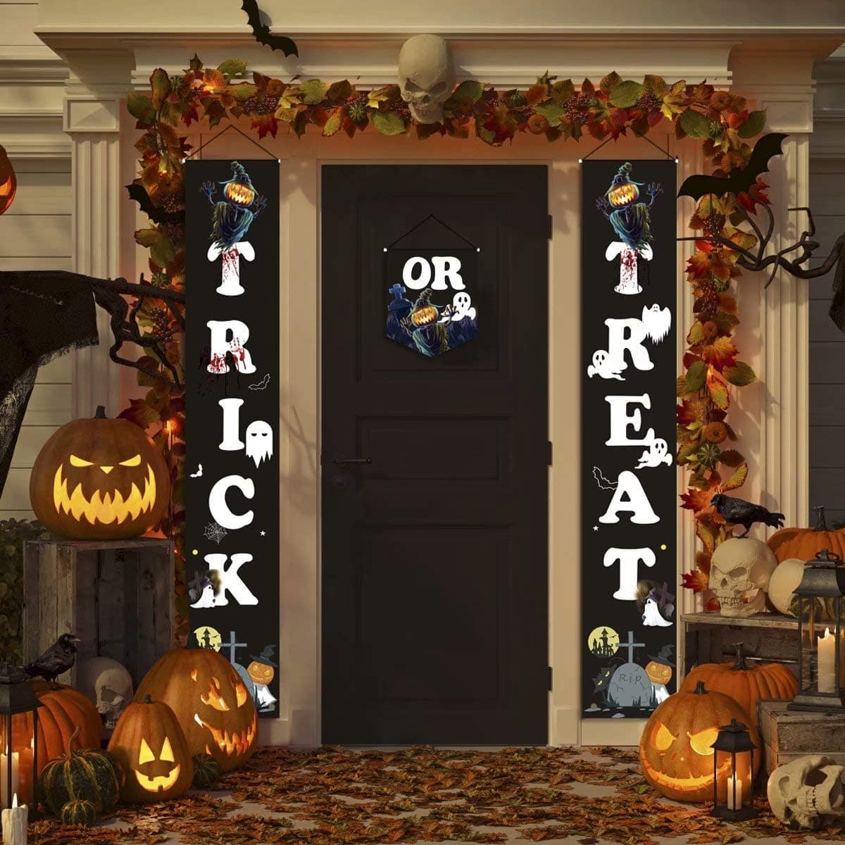FAHZON Halloween Decorations Outdoor Indoor Banner - Trick OR Treat Porch Sign Hanging Decor Scarecrow Pattern for Front Door Gate Garden Home Party