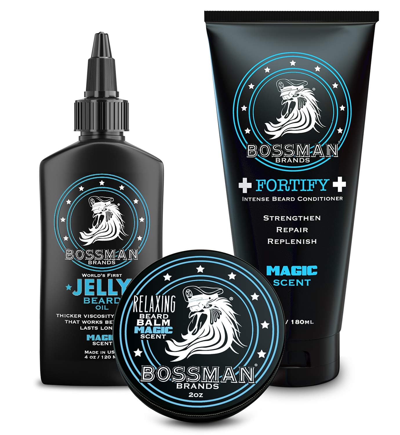 Bossman Essentials Beard Kit for Men - Beard Oil Jelly, Fortifying Conditioner Cream, Beard Balm - Grooming Growth Care Accessories (Magic)