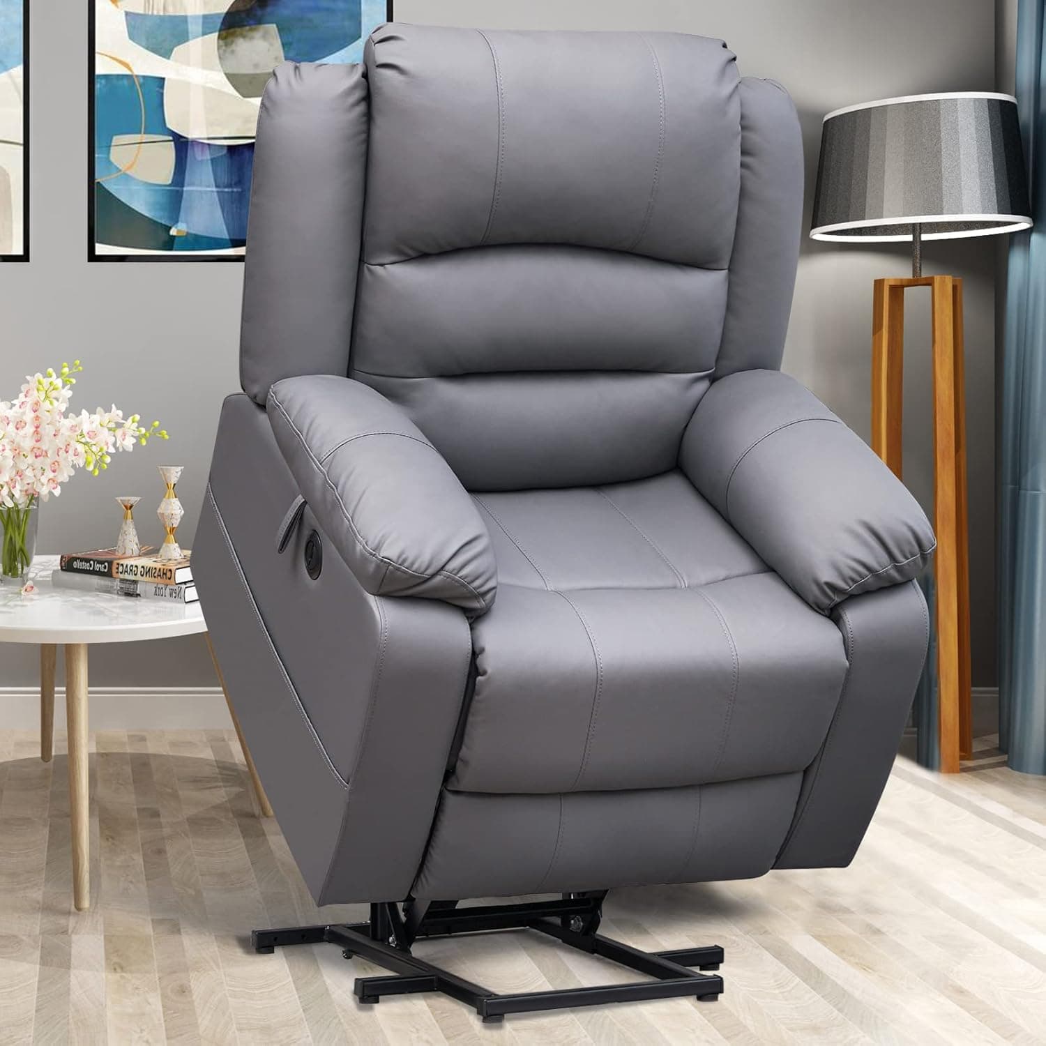 CDCASA Electric Power Lift Recliner Chair Sofa with Massage and Heat for Elderly, Faux Leather, USB Ports,3 Positions, 2 Cup Holders and 2 Side Pocket (Grey 1#)
