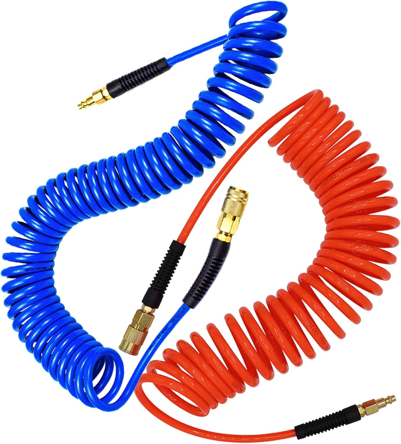 YOTOO Polyurethane Recoil Air Hose 1/4" Inner Diameter by 25' Long with Bend Restrictor, 1/4" Industrial Quick Coupler and Plug, Red+Blue. 2-Pack