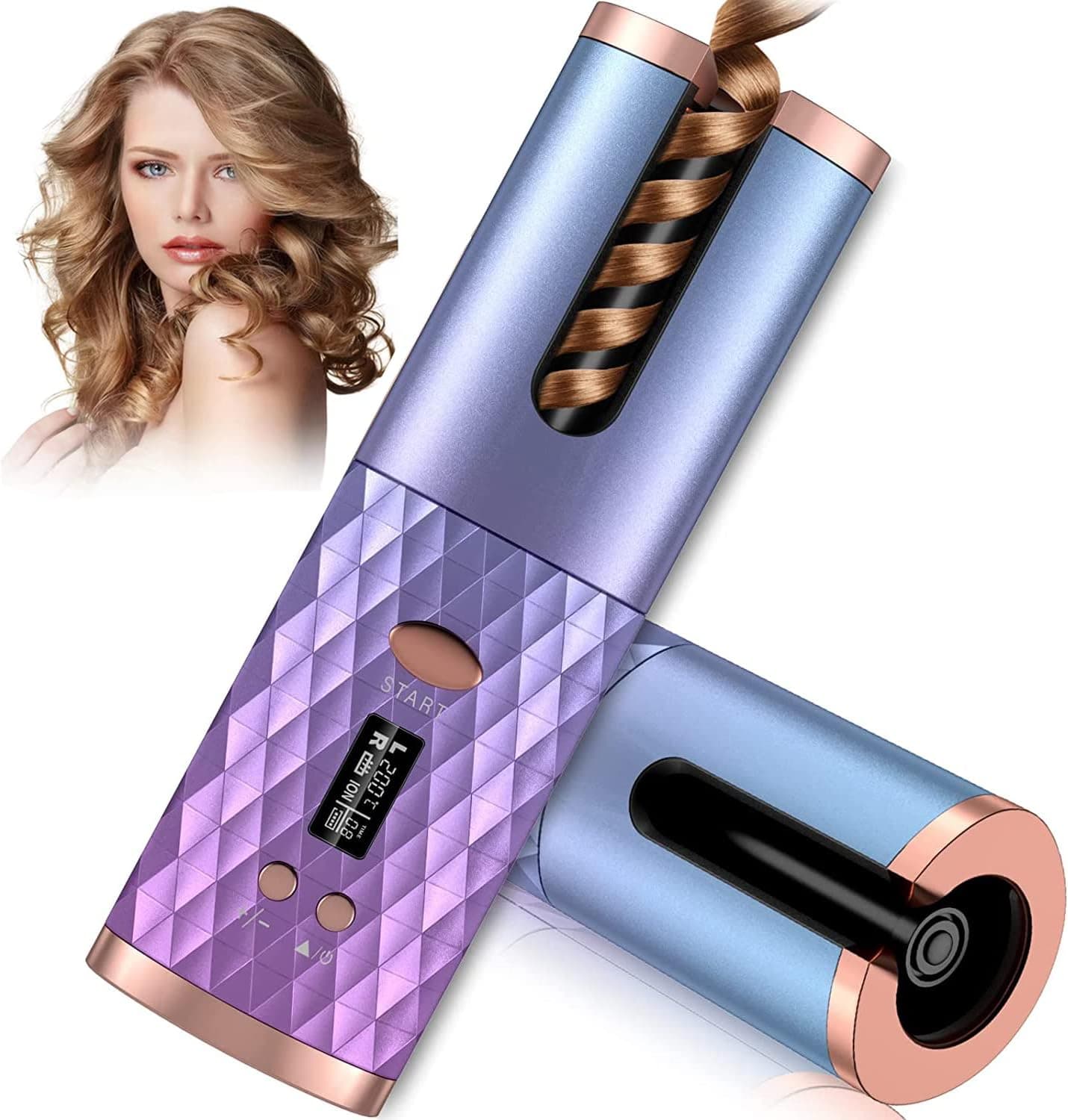 Automatic Curling Iron, Cordless Auto Hair Curler, Ceramic Rotating Hair Curler with 6 Temps & Timers, Portable Rechargeable Curling Wand, Auto Shut-Off, Fast Heating Iron