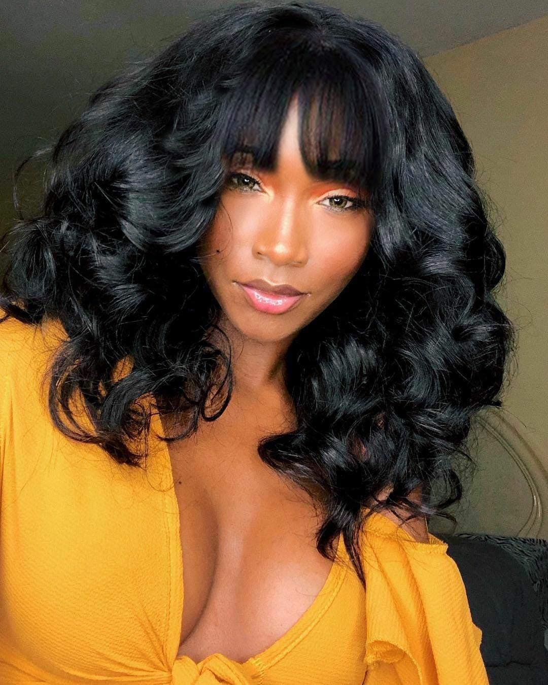 Beafay Hair Body Wave Wigs with Bangs 100 Percent Brazilian Virgin, 130 Percent Density Lace Front Wigs Glueless Remy Human Hair for Black Women Natural Color Wig 16 inch