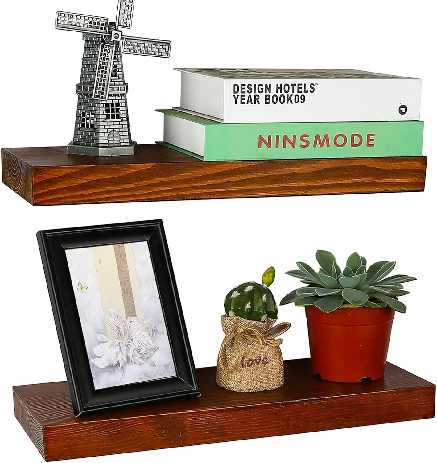 Wooden Floating Shelves - Solid Pine Wood Wall Shelves (Set of 2), Hardware and Fasteners Included (Walnut, 16 Inch)