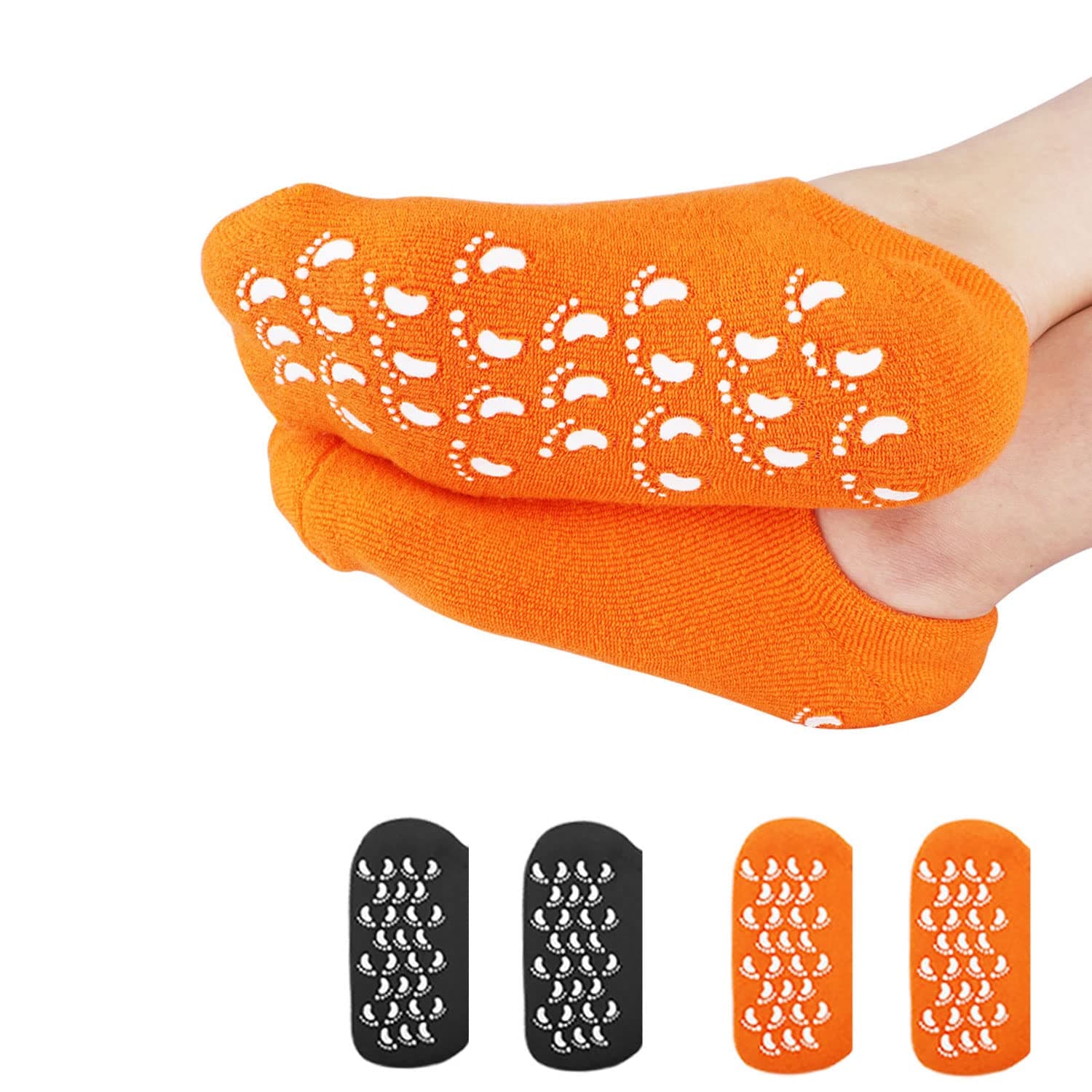 (4PC) Moisturizing Socks,Heel Spa Socks, Soft Gel Socks Inner Lining Infused with Essential Oils and Lotions -Best for Cracked Heel,Rough Calluses,Soften Dry feet/for Women & Men. (Black & Orange)