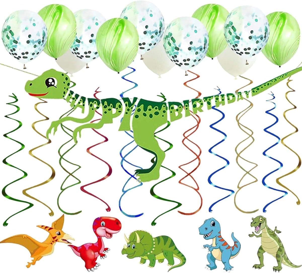 Kalaia 46 Ct Jungle Dinosaur Hanging Swirl Decorations Cute Dinosaur Happy Birthday Banner Balloons Whirl Streamers Ceiling Wall Decorations for Dinosaur Theme Birthday Baby Shower Party