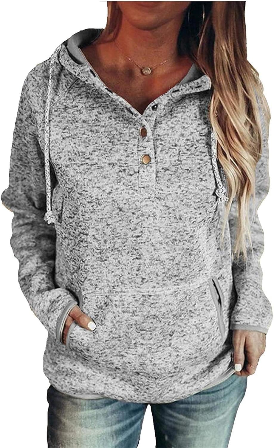 Womens Long Sleeve Casual Pullover Drawstring Hoodies with Pocket Hooded Sweatshirt Tops Light Grey