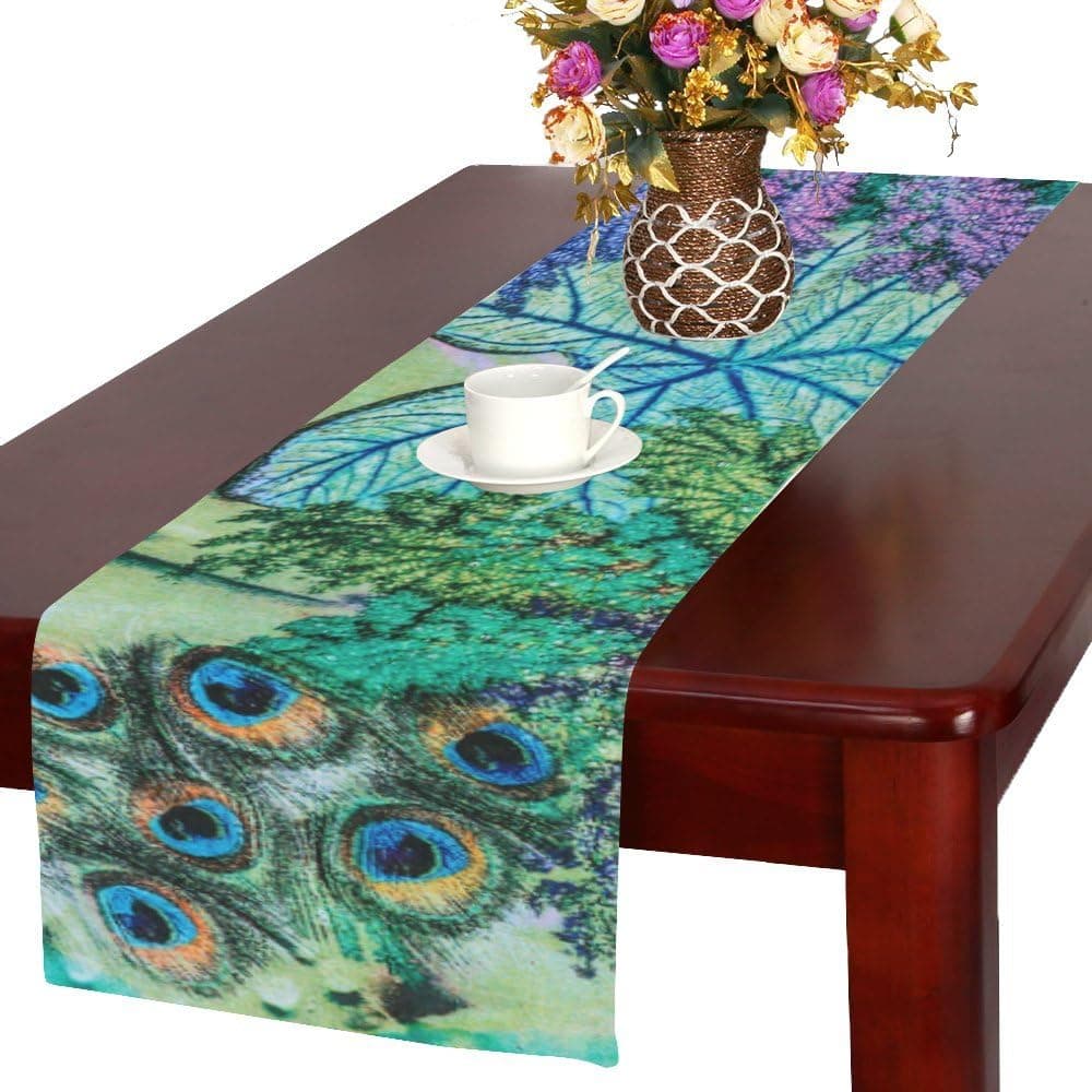 ADEDIY Table Runner Love Nature Life Peacock Tails Table Runner 16x72 Inch Custom Table Decor for Holidays Party Anniversary Event