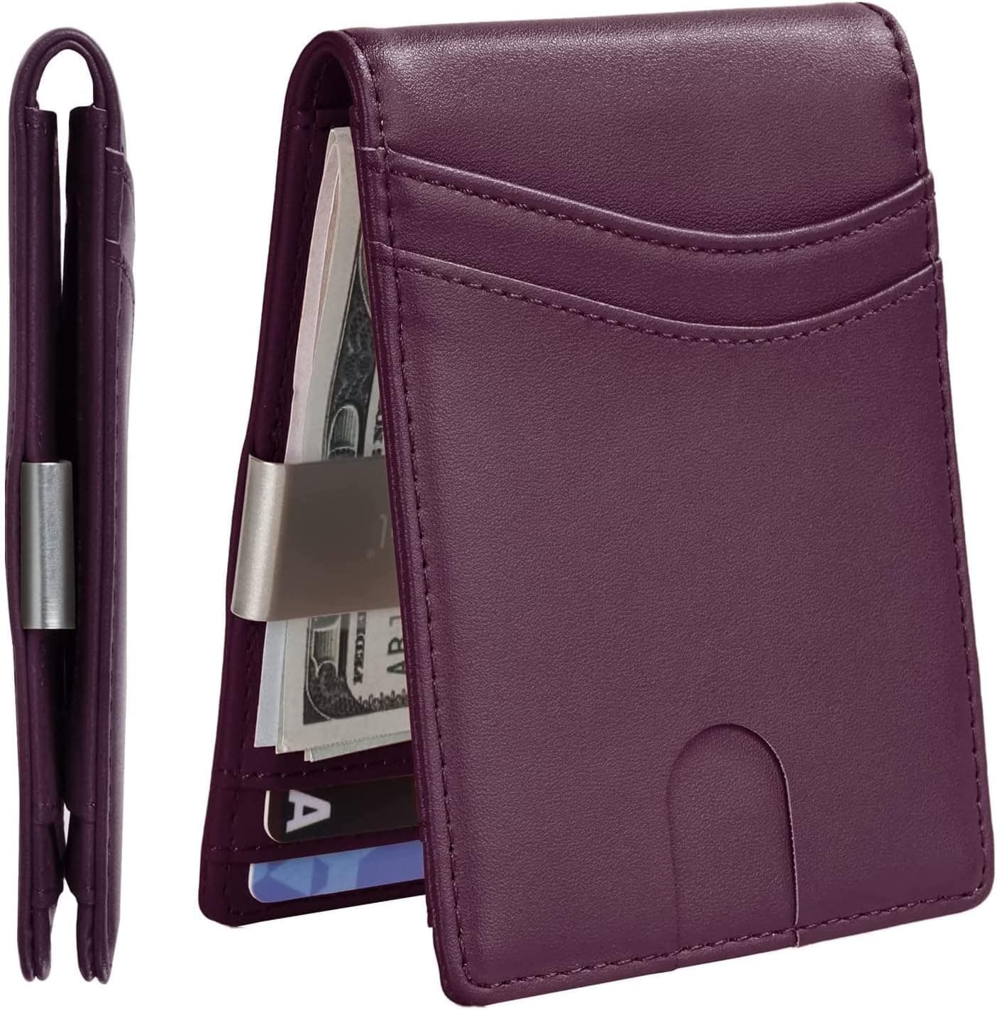Mutural Minimalist Slim Wallet for Men, Premium Leather Wallet with Money Clip, RFID Blocking Front Pocket Stylish Bifold Wallet (NAPPA-Fuchsia)