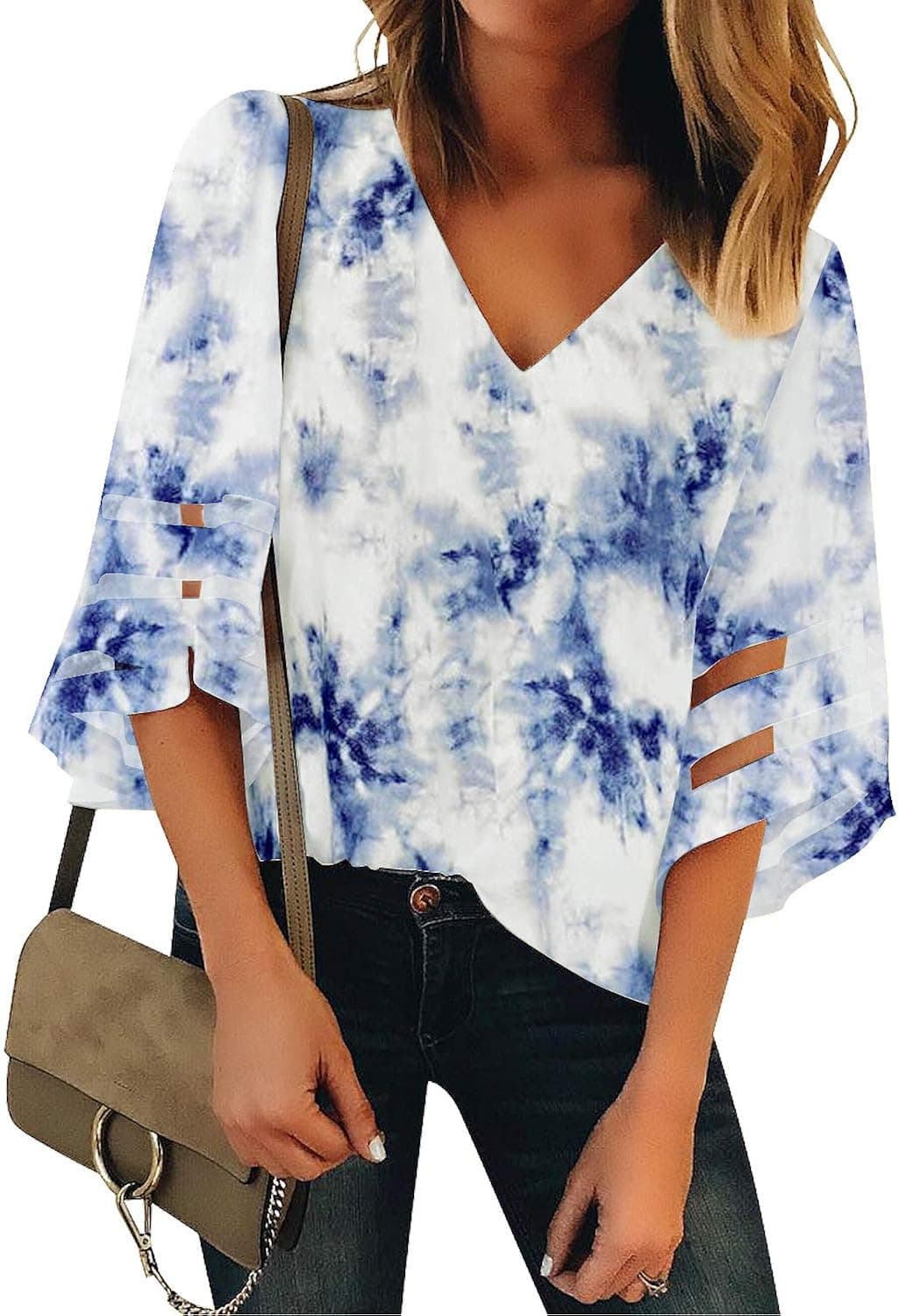 Utyful Women's Summer Casual V Neck Mesh Panel 3/4 Bell Sleeve Tie Dye Loose Blouse Top