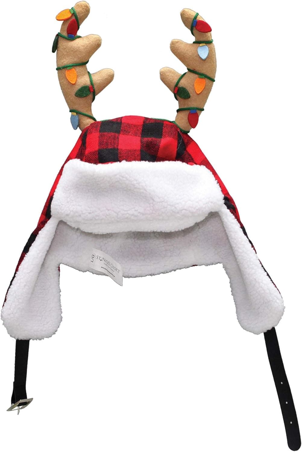 16" Adjustable Red and Black Plaid Christmas Hat with Sherpa Ear Flaps and Antlers